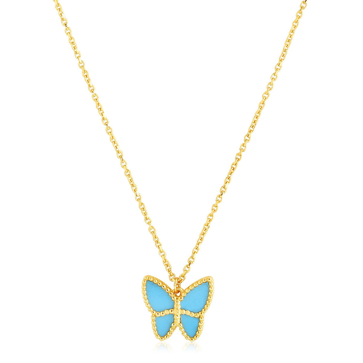 14K Yellow Gold High Polish Butterfly Turquoise Paste Necklace