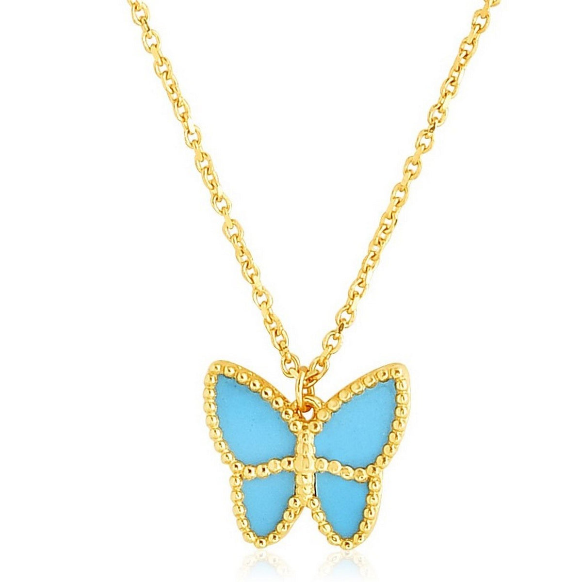14K Yellow Gold High Polish Butterfly Turquoise Paste Necklace, view 2