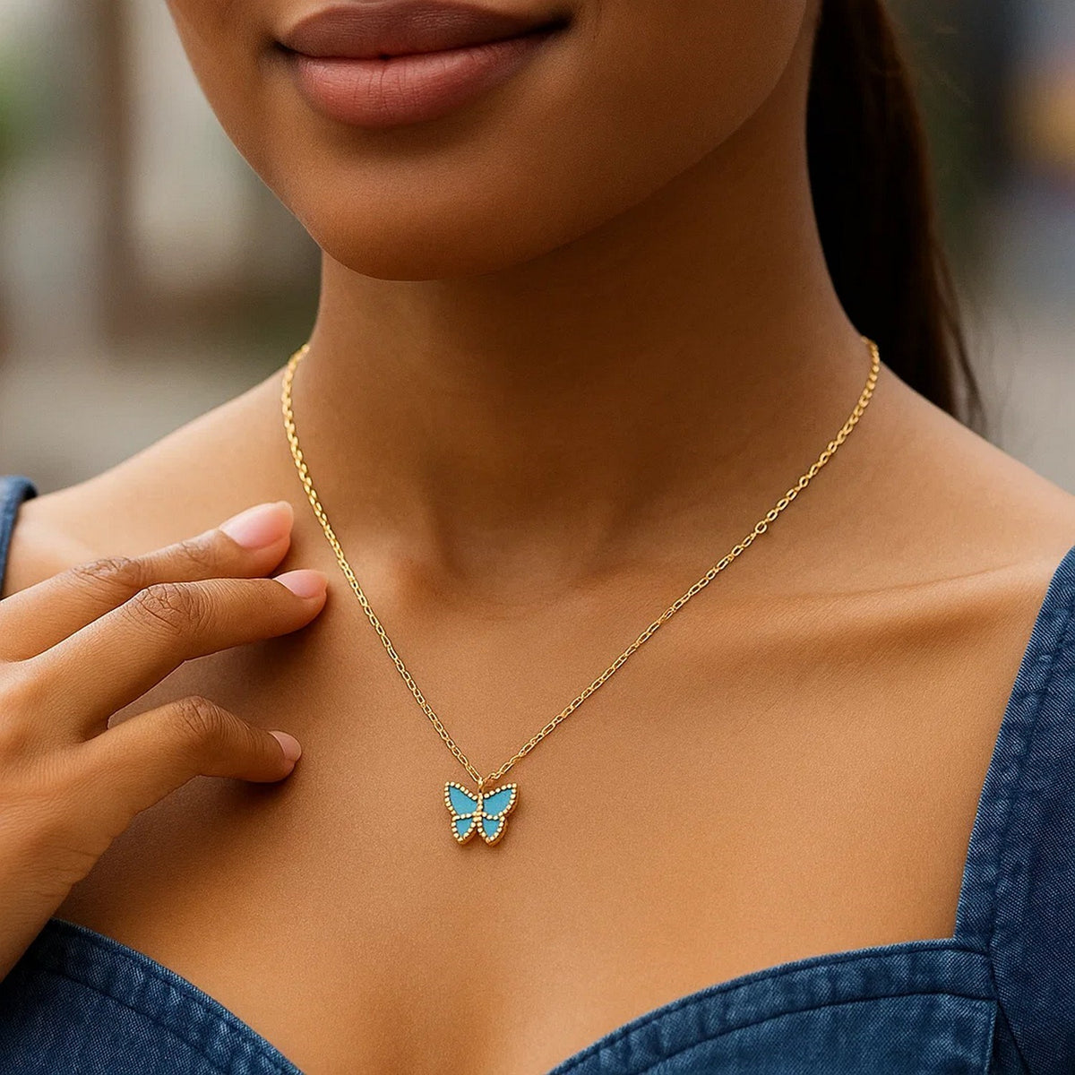 14K Yellow Gold High Polish Butterfly Turquoise Paste Necklace, view 3