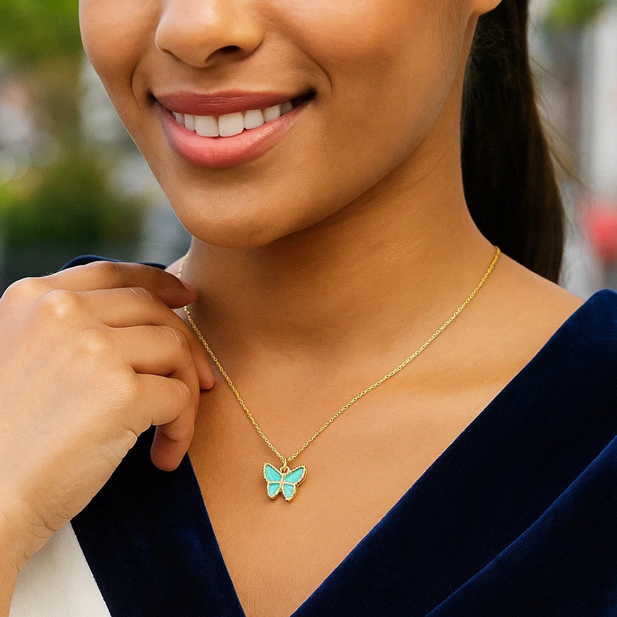 14K Yellow Gold High Polish Butterfly Turquoise Paste Necklace, view 4