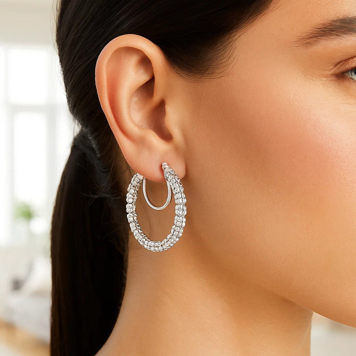 14K White Gold Ice Chain Round Hoops Earrings, view 2