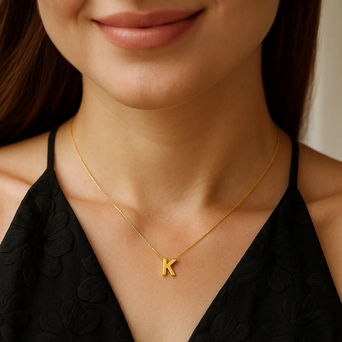 14K Yellow Gold Yours Truly Block Letter Initial K Necklace, view 3