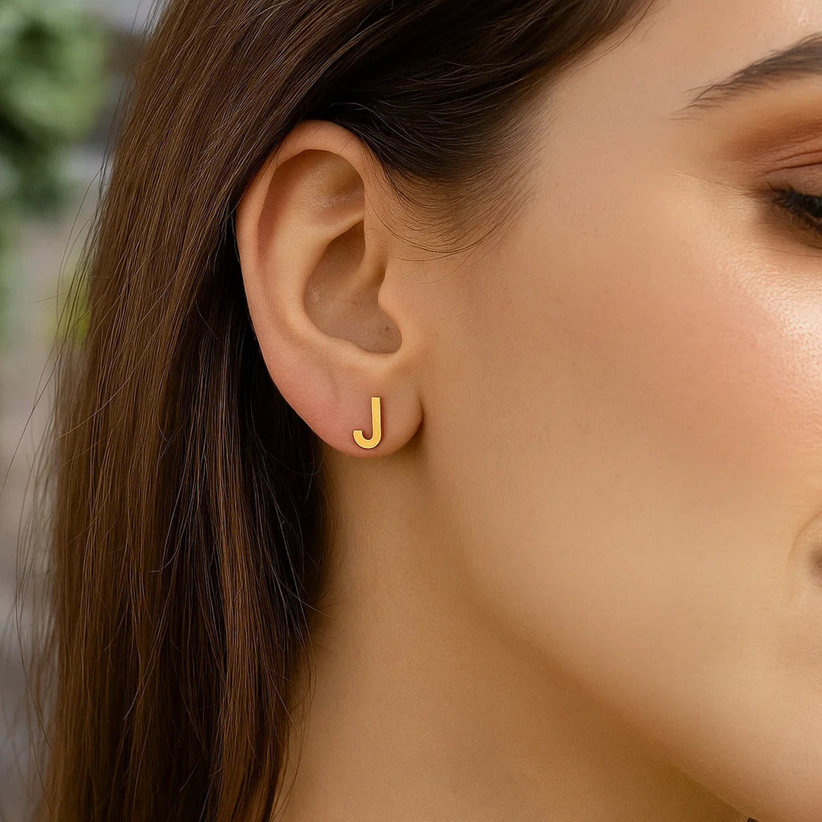 14K Yellow Gold Yours Truly Initial J Stud Earrings, view 3