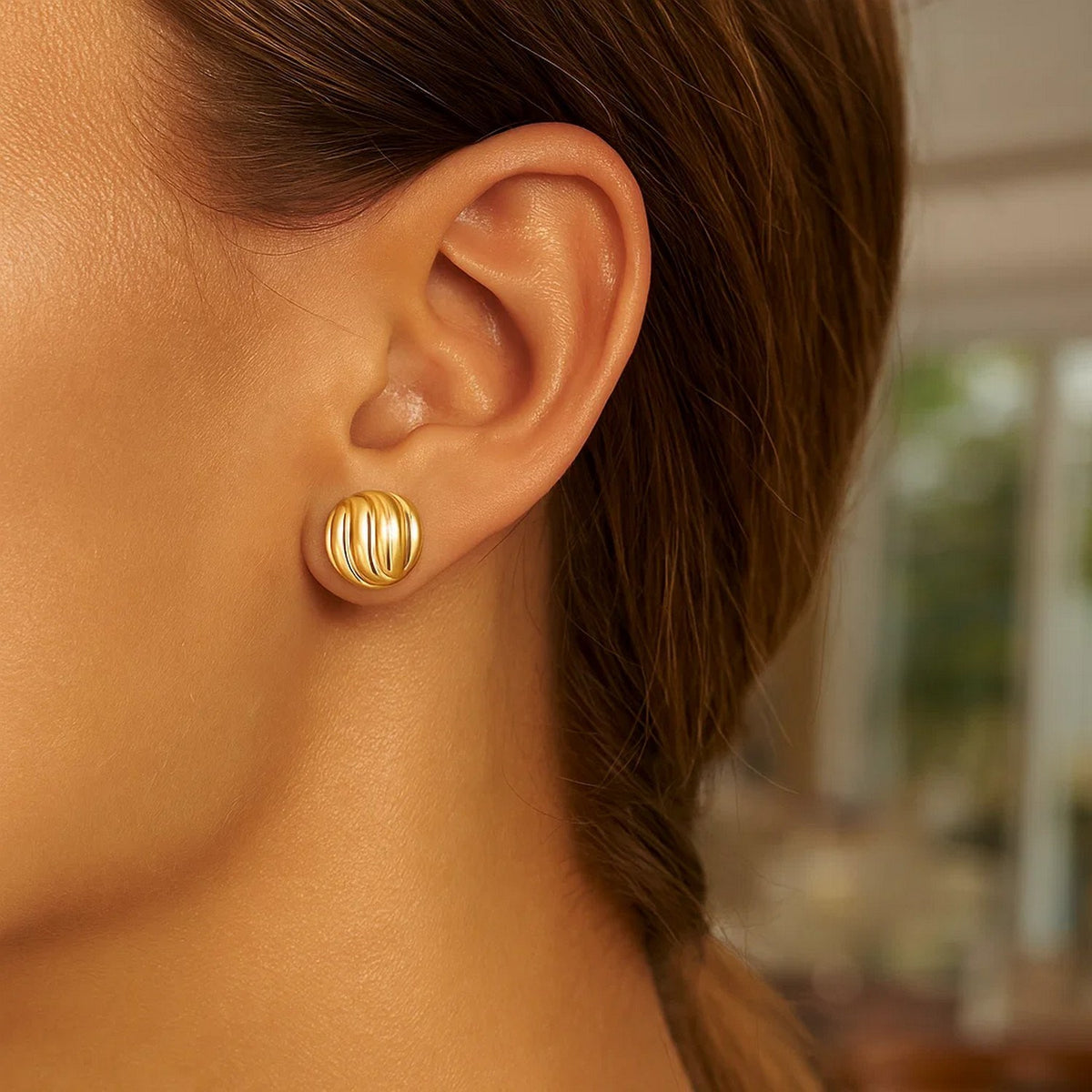 14K Yellow Gold Swirl Button Stud Earrings, view 2