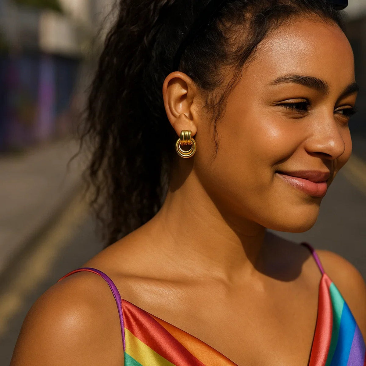 Sterling Silver Yellow Gold Plated Triple Door Knocker Hoop Earrings, view 3