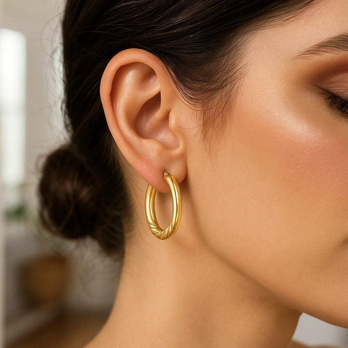 14K Yellow Gold Twisted Medium Hoop Earrings, view 2