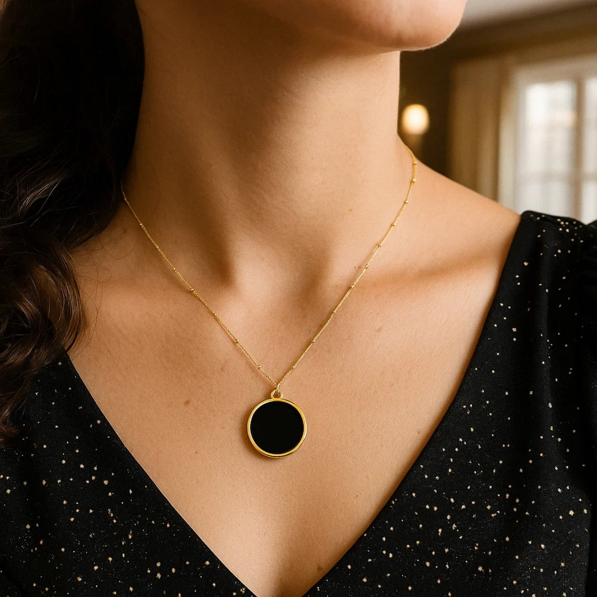 14K Yellow Gold Onyx Inlay Circle Necklace, view 4