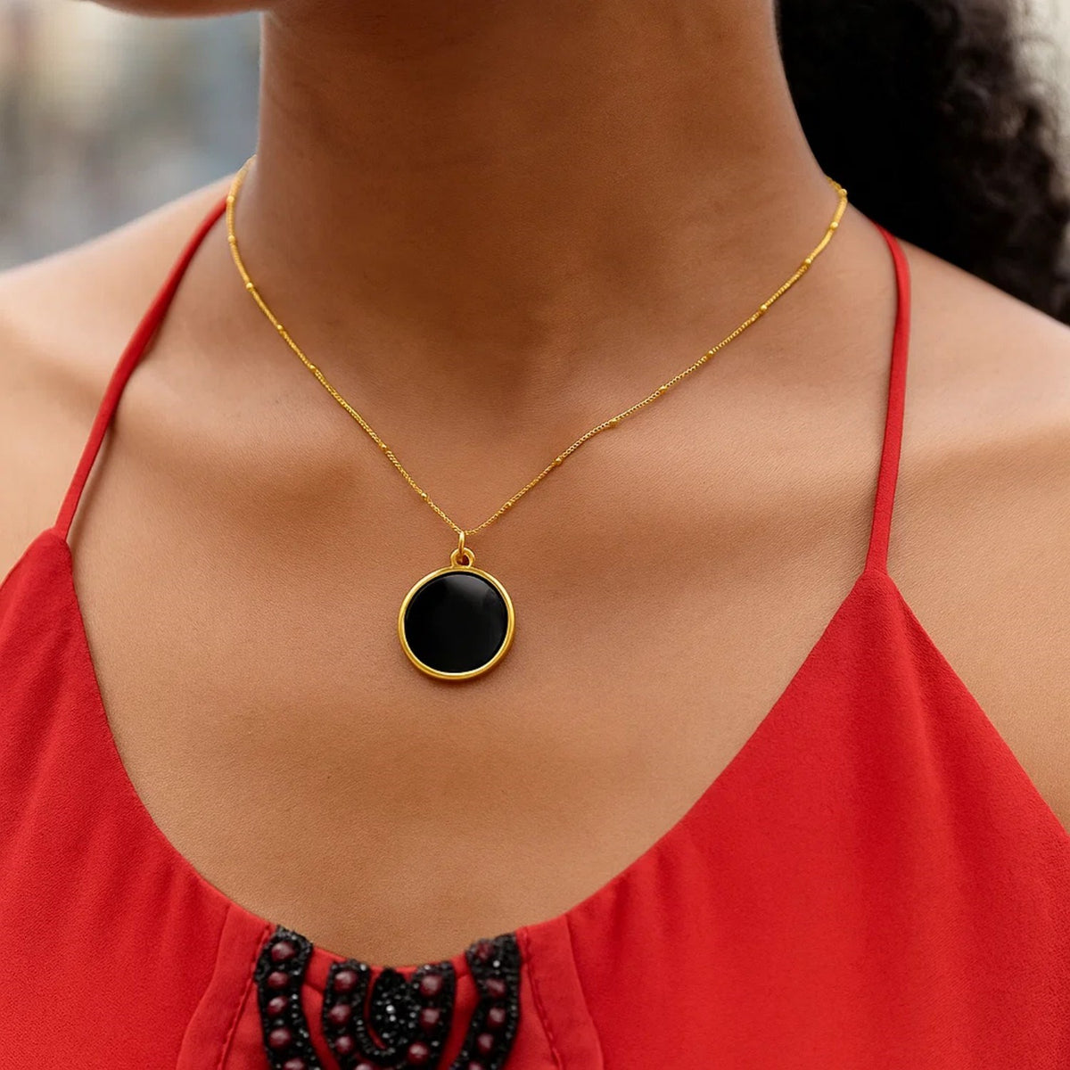 14K Yellow Gold Onyx Inlay Circle Necklace, view 6