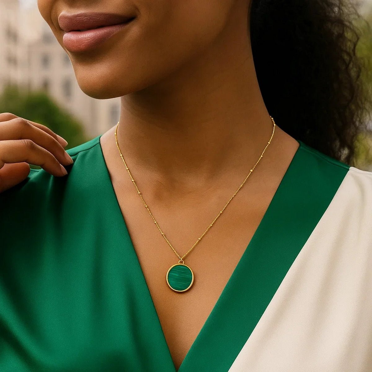14K Yellow Gold Malachite Inlay Circle Necklace, view 5