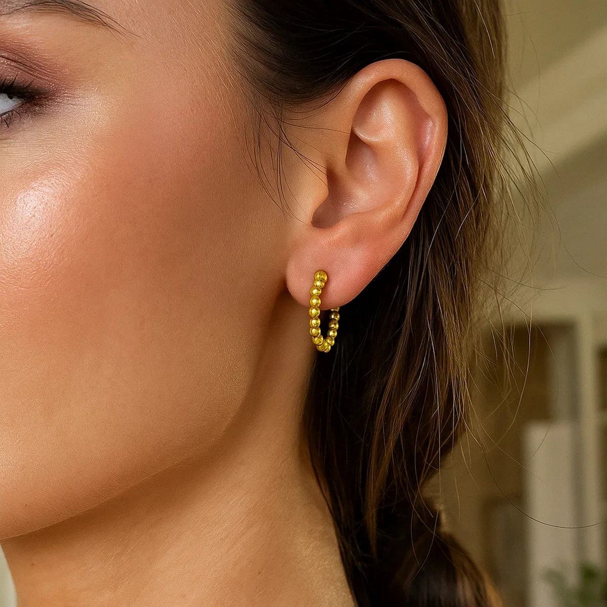 14K Yellow Gold Bead Hinged Hoop Earrings, view 2