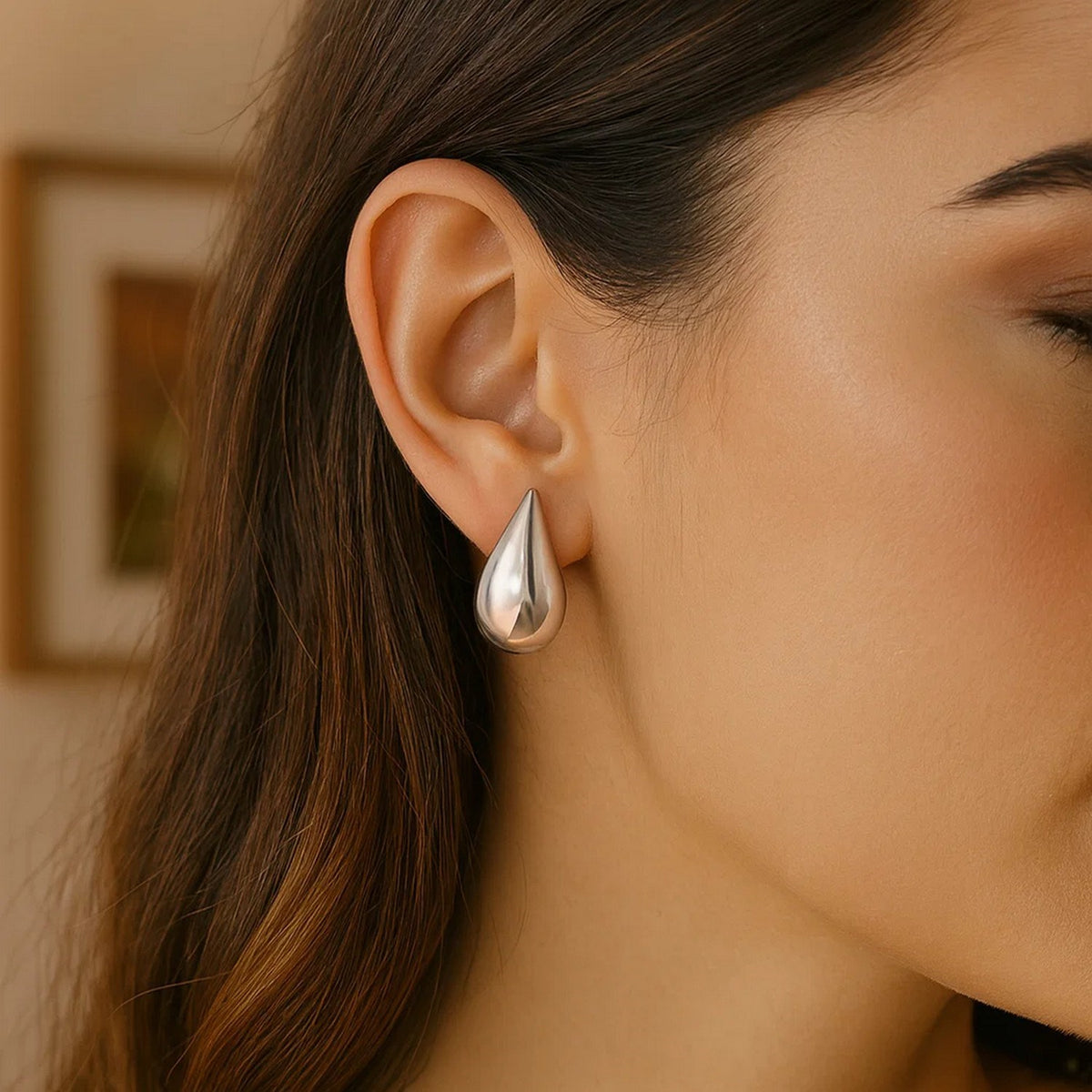 Sterling Silver Rhodium Plated Puffed Teardrop Earrings, view 6