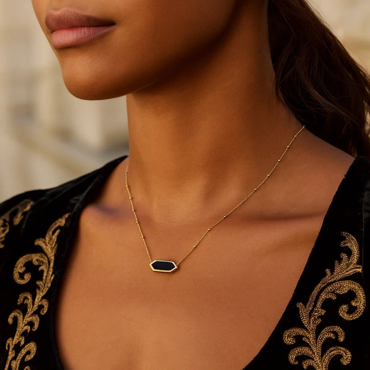 14K Yellow Gold Hexagon Onyx Pendant Necklace, view 4