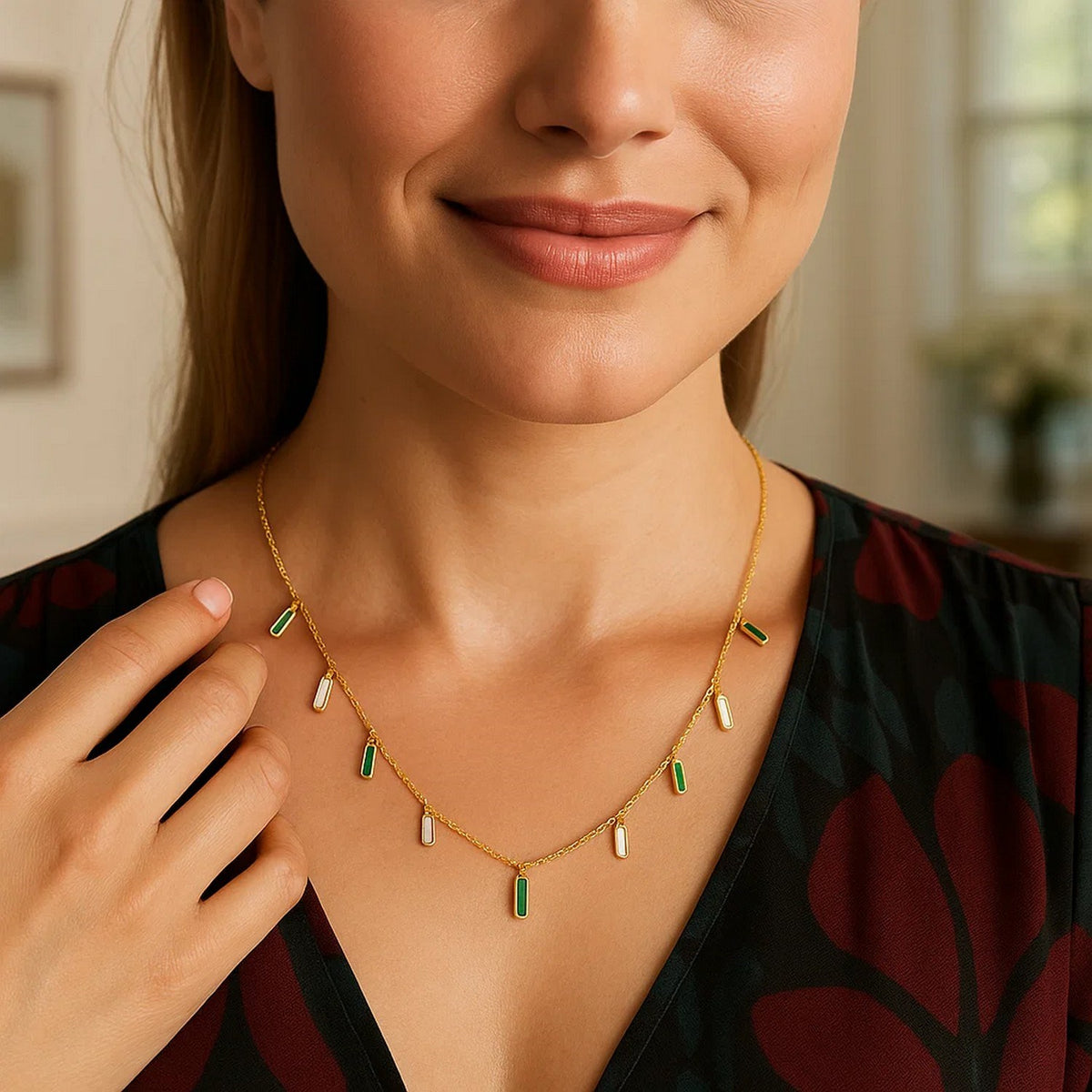 14K Yellow Gold Malachite And MOP Inlay Station Necklace, view 5