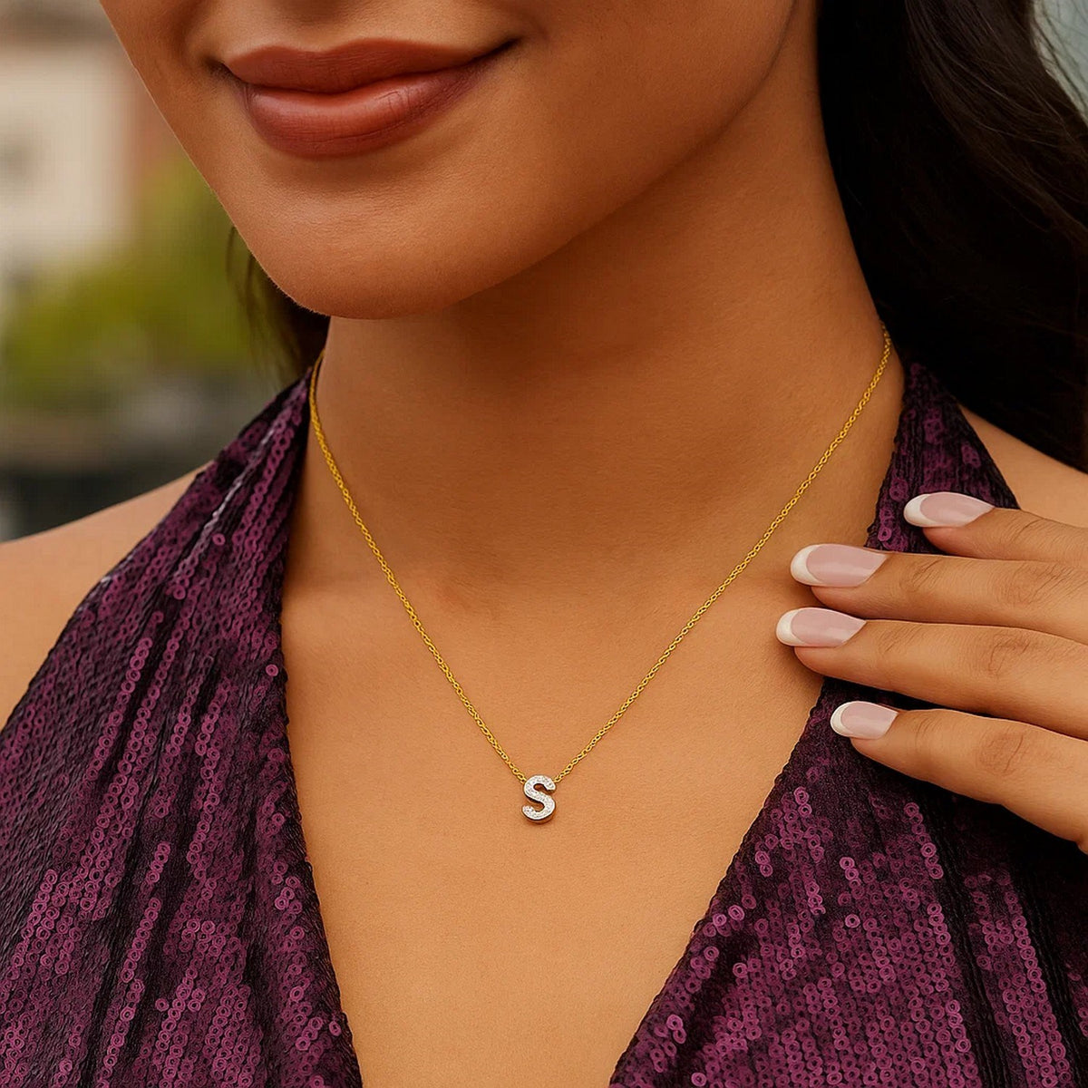 14K Yellow Gold Mini Diamond S Initial Pendant Necklace, view 5