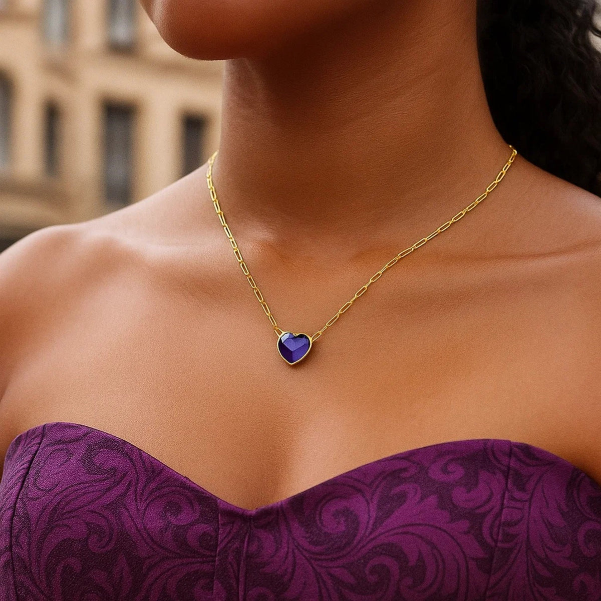 14K Yellow Gold Amethyst Heart Necklace (1.50 mm), view 4