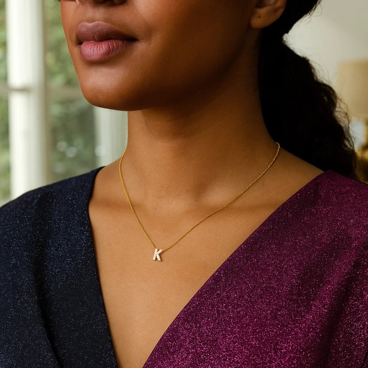 14K Yellow Gold Mini Diamond K Initial Pendant Necklace, view 4