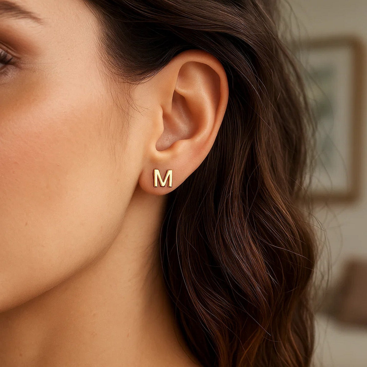 14K Yellow Gold Yours Truly Initial M Stud Earrings, view 3