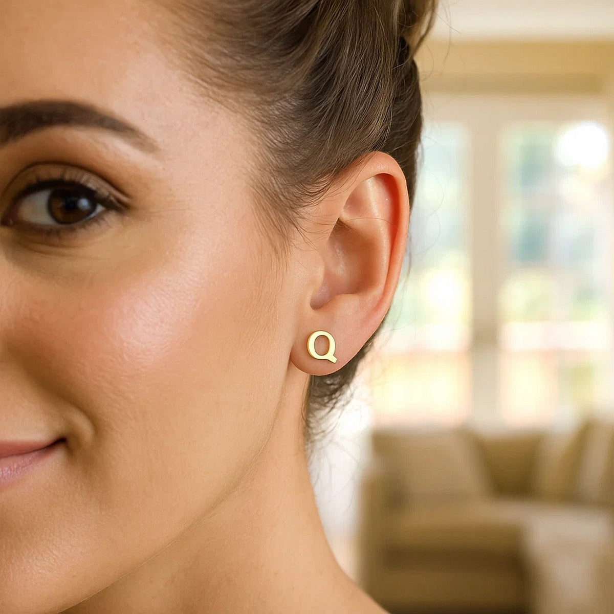 14K Yellow Gold Yours Truly Initial Q Stud Earrings, view 2