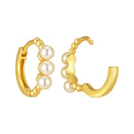 14K Yellow Gold Pearl Huggie Earrings, view 2