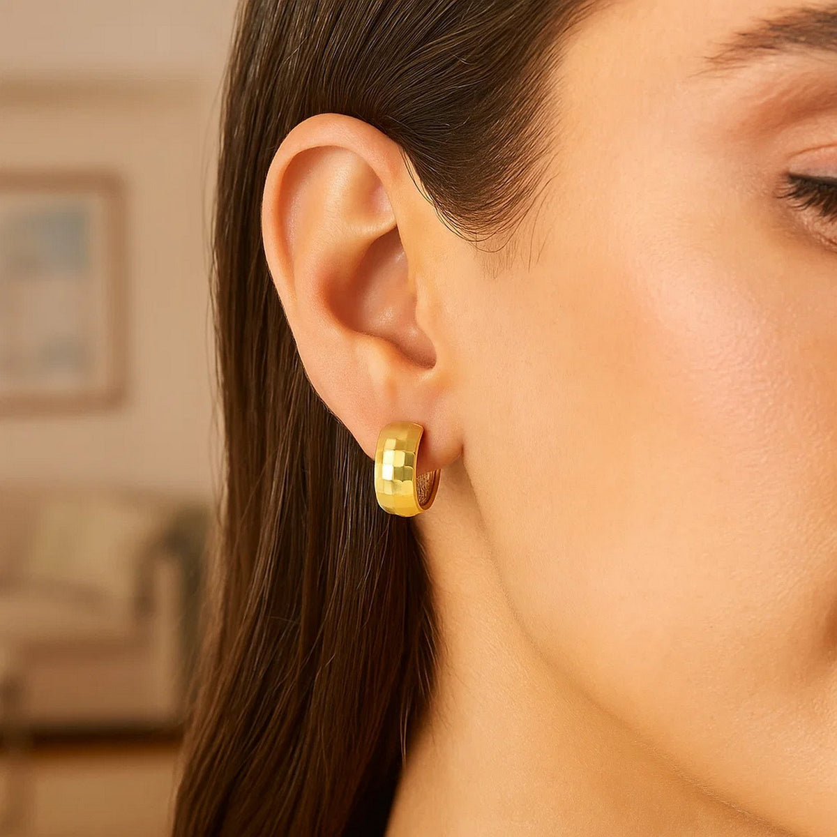 14K Yellow Gold Checkerboard Patterned Hoop Earrings, view 2