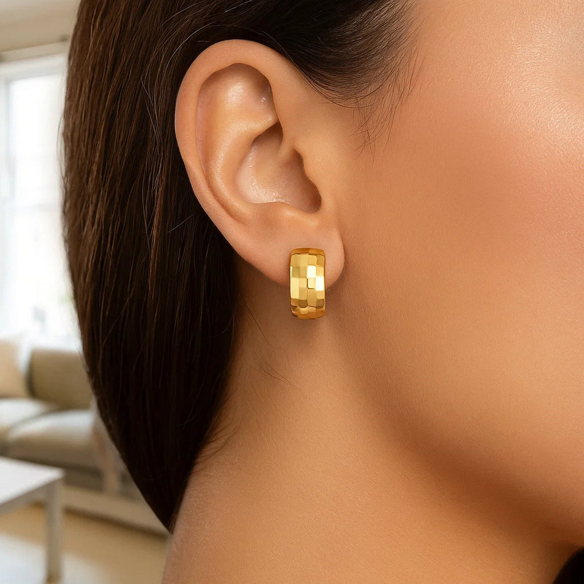 14K Yellow Gold Checkerboard Patterned Hoop Earrings, view 4