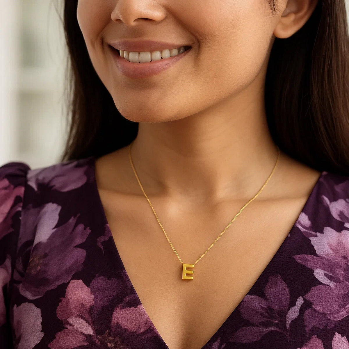 14K Yellow Gold Yours Truly Block Letter Initial E Necklace, view 3