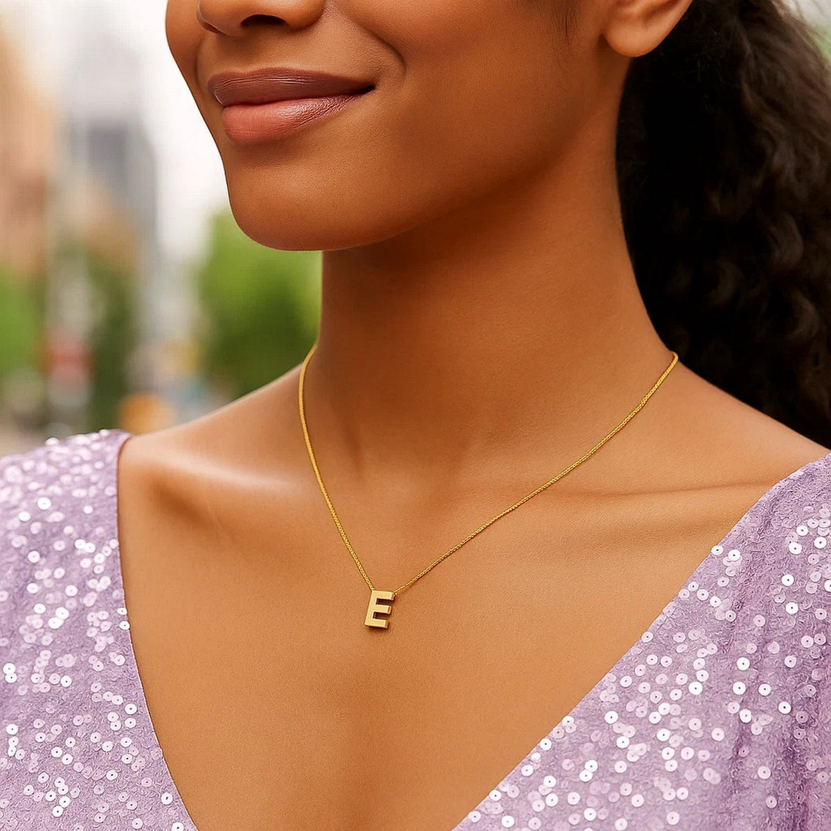 14K Yellow Gold Yours Truly Block Letter Initial E Necklace, view 4