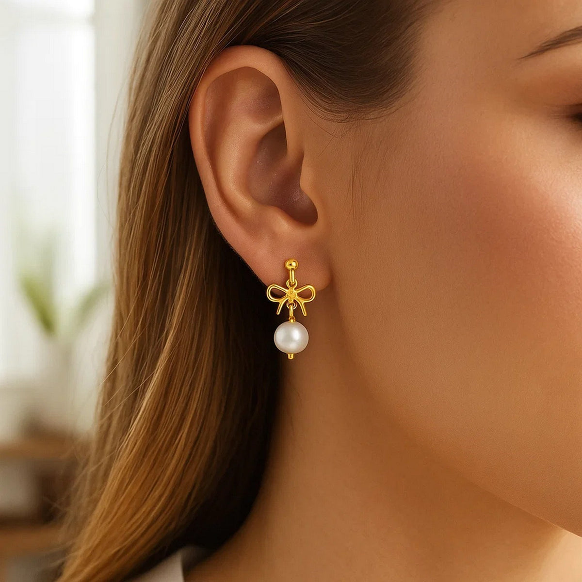 14K Yellow Gold Bow and Freshwater Pearl Drop Earrings, view 2
