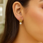14K Yellow Gold Bow and Freshwater Pearl Drop Earrings, view 3
