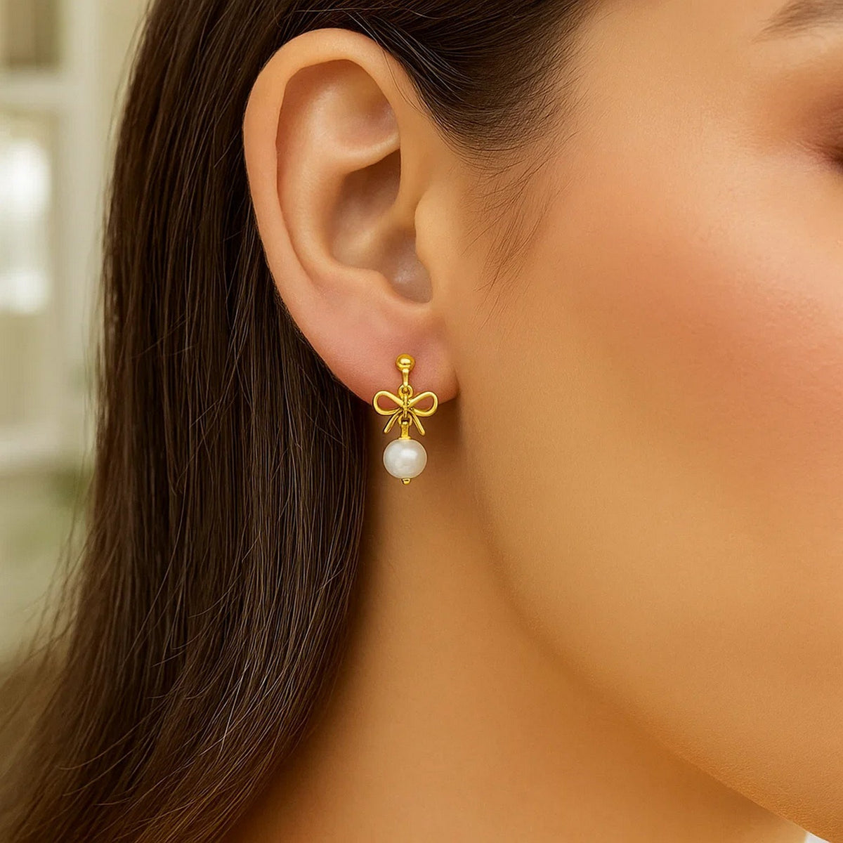 14K Yellow Gold Bow and Freshwater Pearl Drop Earrings, view 3