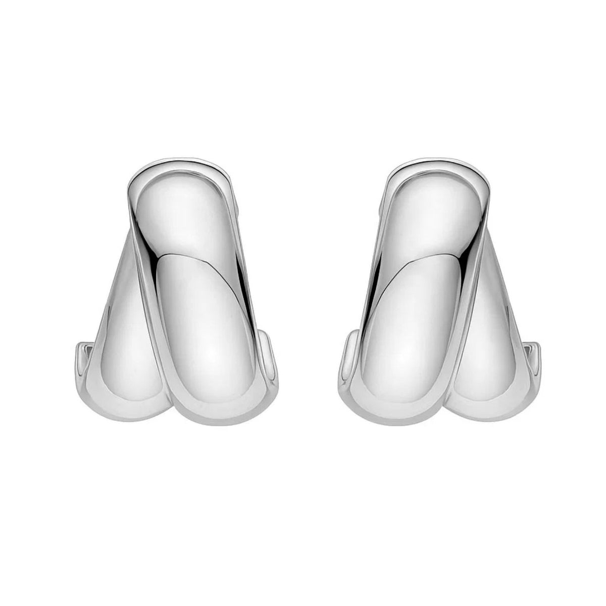 Sterling Silver Puffed Double Row Crossover C Hoop Earrings, view 2