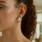 Sterling Silver Puffed Double Row Crossover C Hoop Earrings, view 3