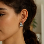 Sterling Silver Puffed Double Row Crossover C Hoop Earrings, view 4