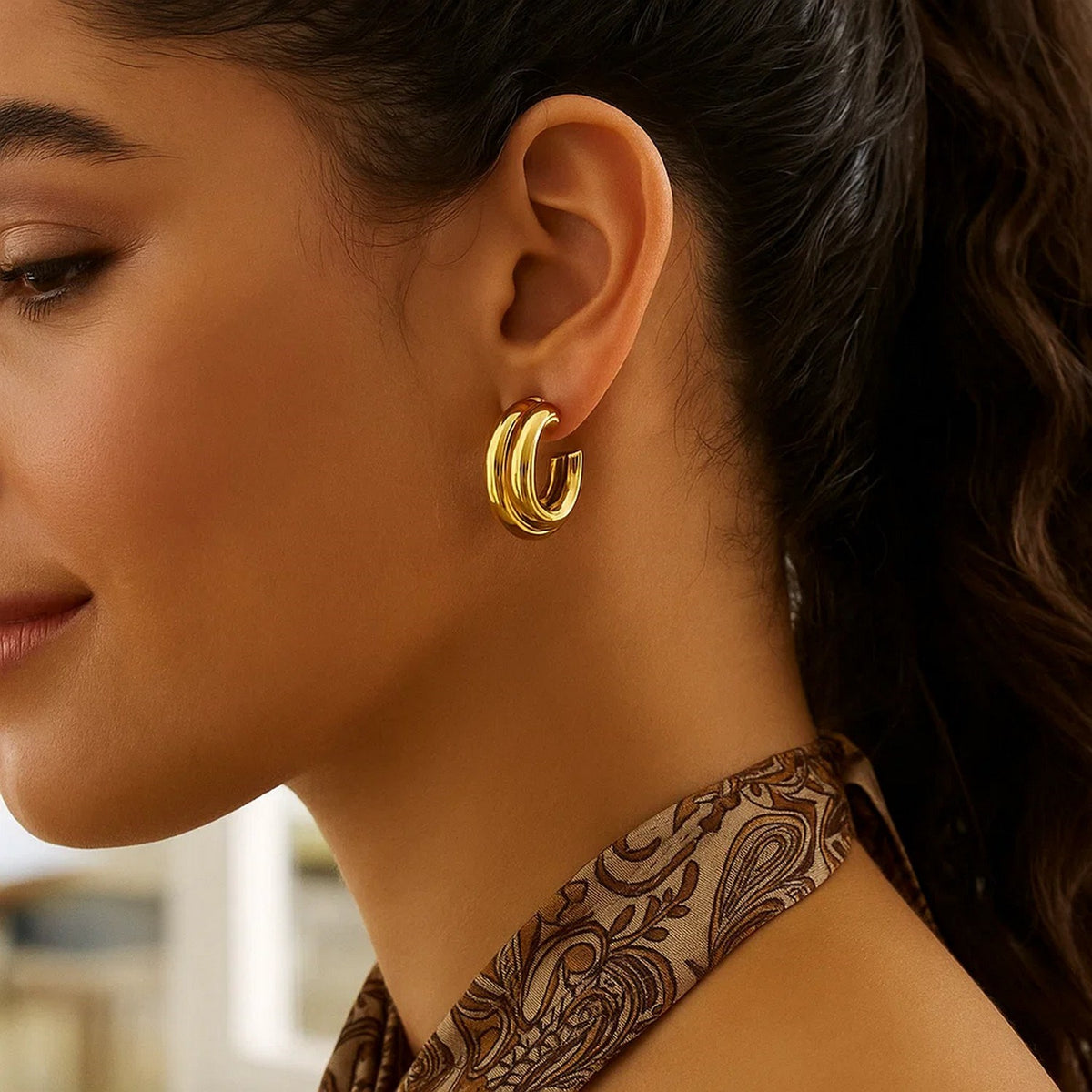 Sterling Silver Yellow Gold Plated Double Row Big and Small Round Hoop Earrings, view 3