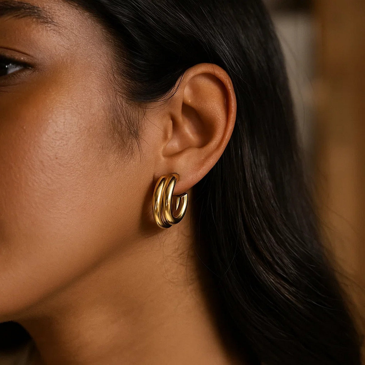 Sterling Silver Yellow Gold Plated Double Row Big and Small Round Hoop Earrings, view 4