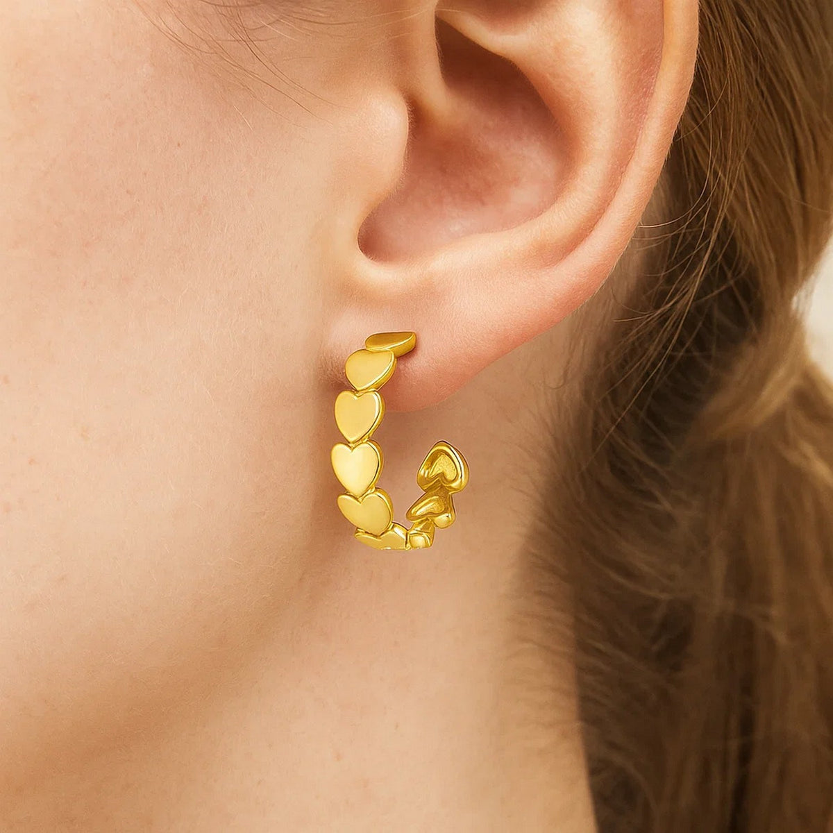 14K Yellow Gold Heart Row C Hoop Earrings, view 2