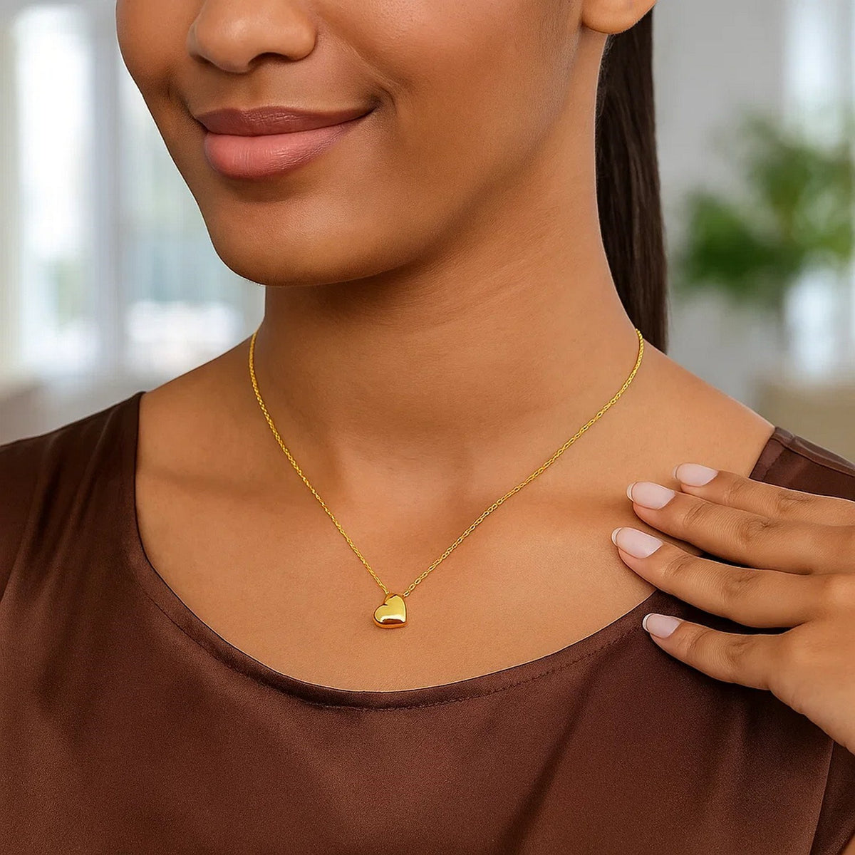 14K Yellow Gold Puffed Mini Heart Pendant Necklace, view 5