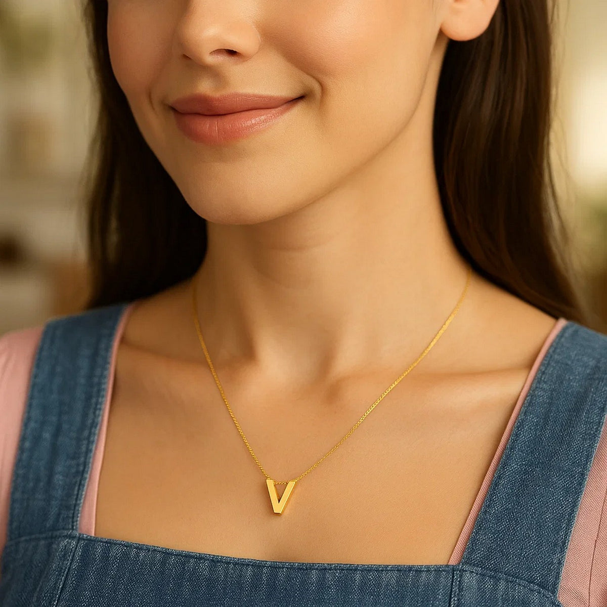 14K Yellow Gold Yours Truly Block Letter Initial V Necklace, view 3