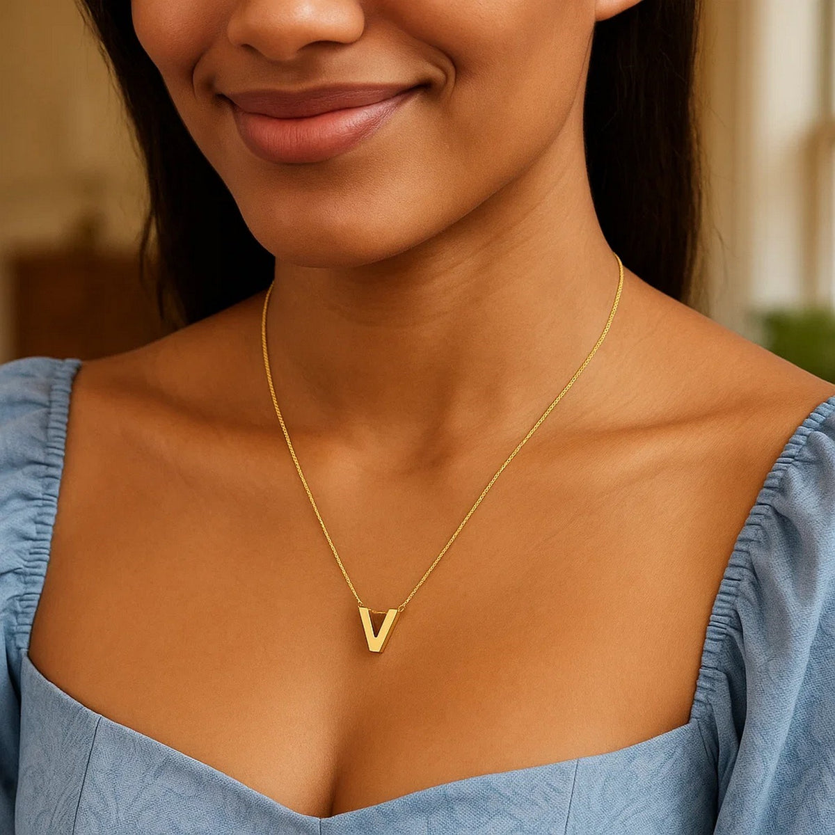 14K Yellow Gold Yours Truly Block Letter Initial V Necklace, view 4