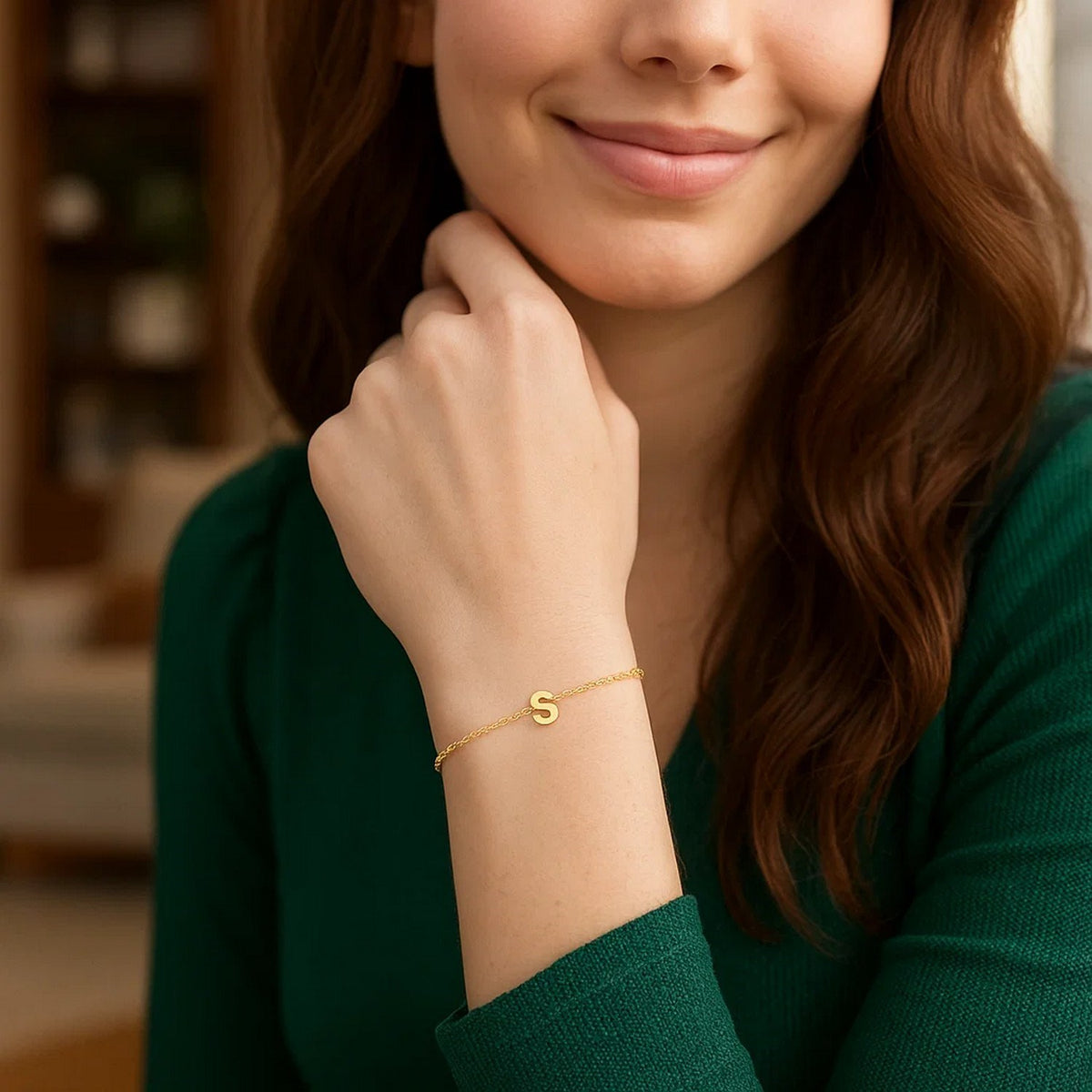 14K Yellow Gold Mini Initial S Bracelet, view 5