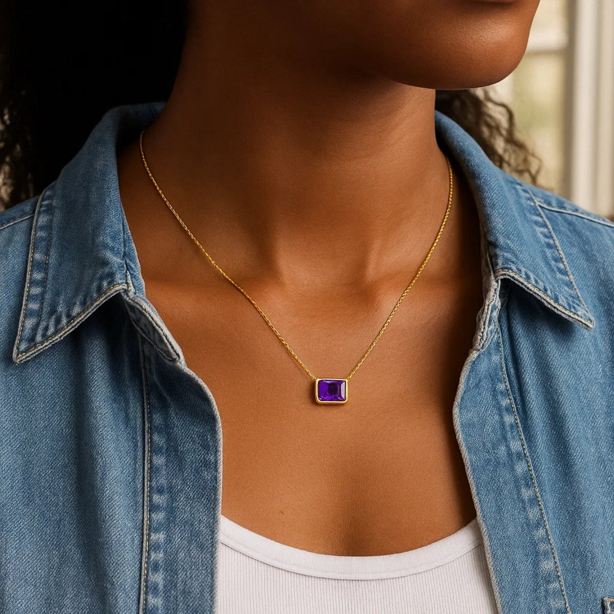 14K Yellow Gold Emerald Cut Amethyst Necklace, view 3