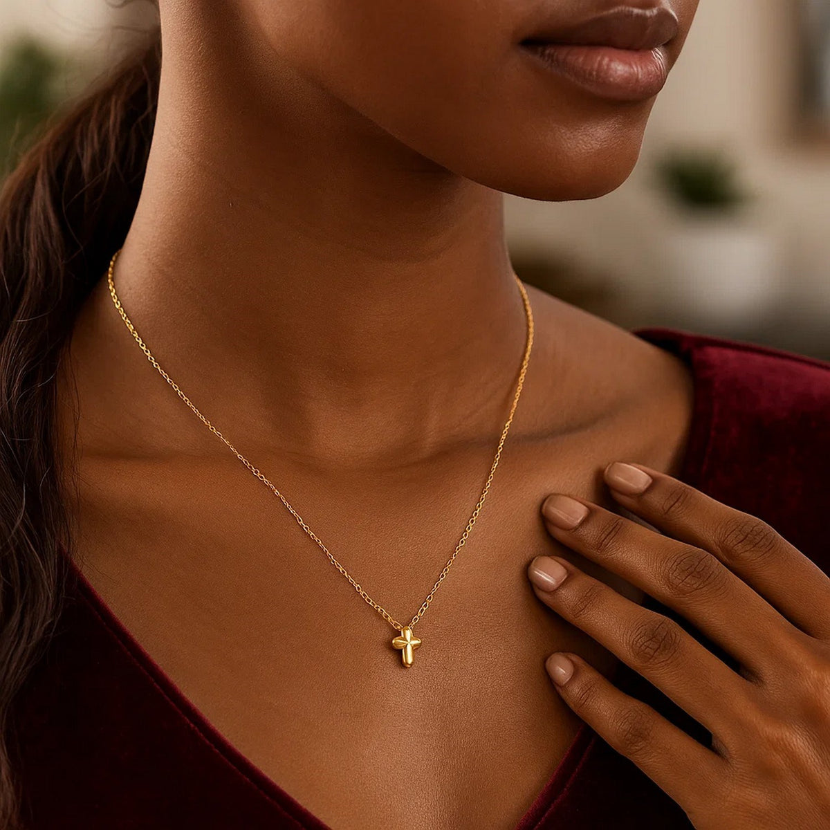 14K Yellow Gold Puffed Mini Cross Pendant Necklace, view 5