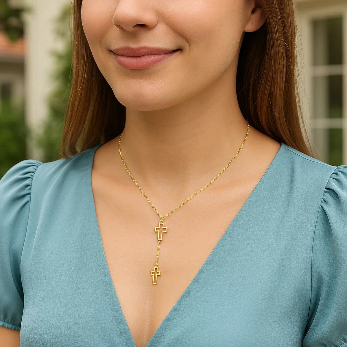 Double Cross Drop Necklace in 14K Yellow Gold, view 7