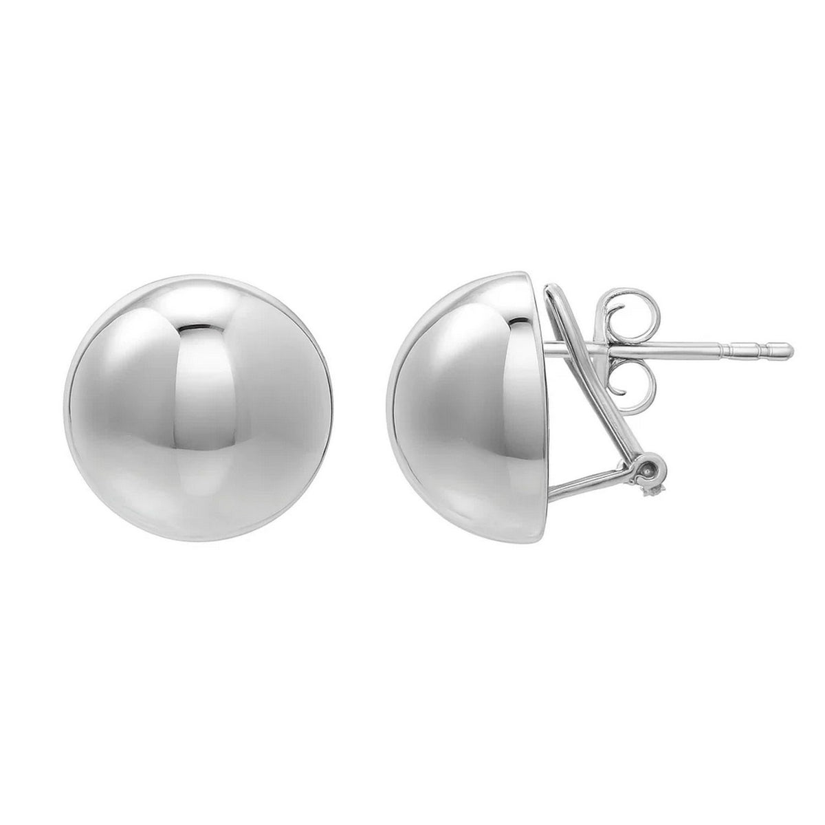 Sterling Silver Rhodium Plated Puffed Button Omega Earrings, view 3