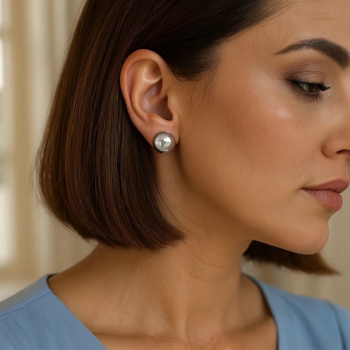Sterling Silver Rhodium Plated Puffed Button Omega Earrings, view 6