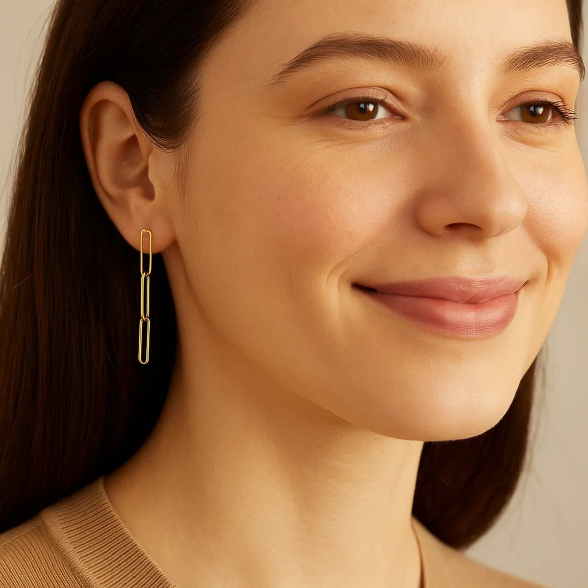 14K Yellow Gold Paperclip Chain Dangle Earrings, view 3