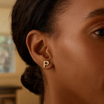 14K Yellow Gold Yours Truly Initial P Stud Earrings, view 2