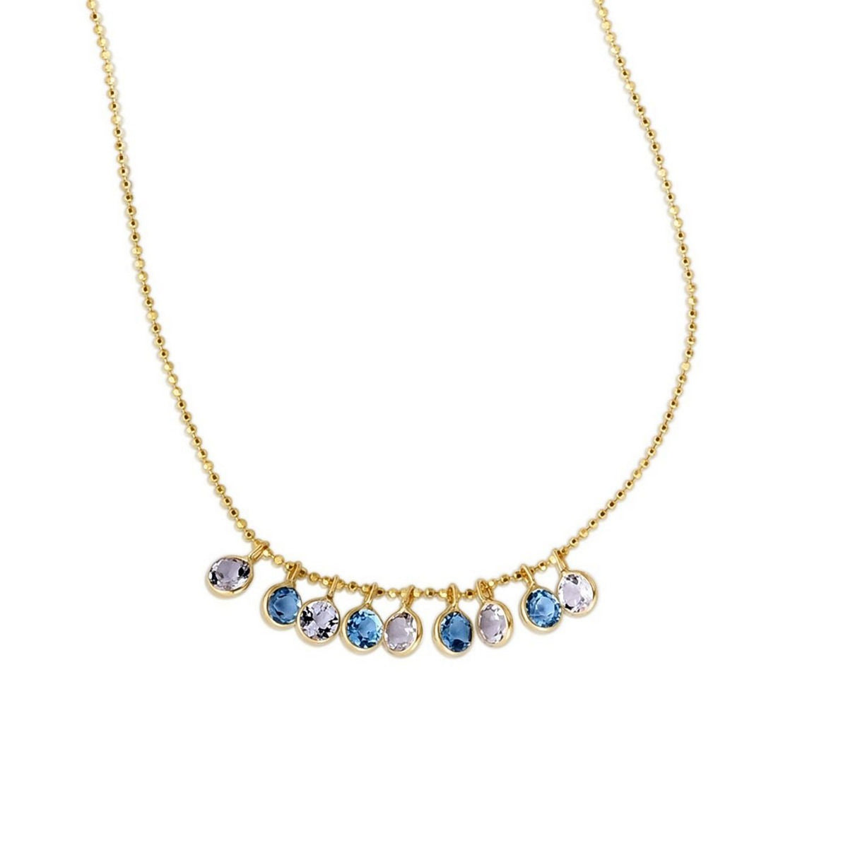 14K Yellow Gold Blue And White Topaz Dancing Drop Necklace, view 3