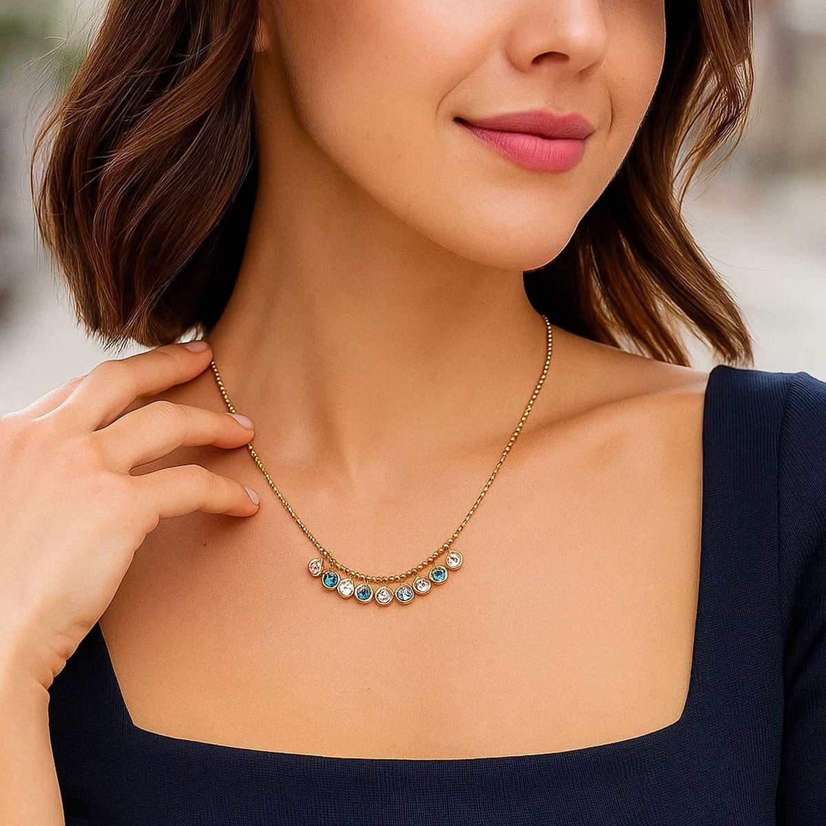 14K Yellow Gold Blue And White Topaz Dancing Drop Necklace, view 5