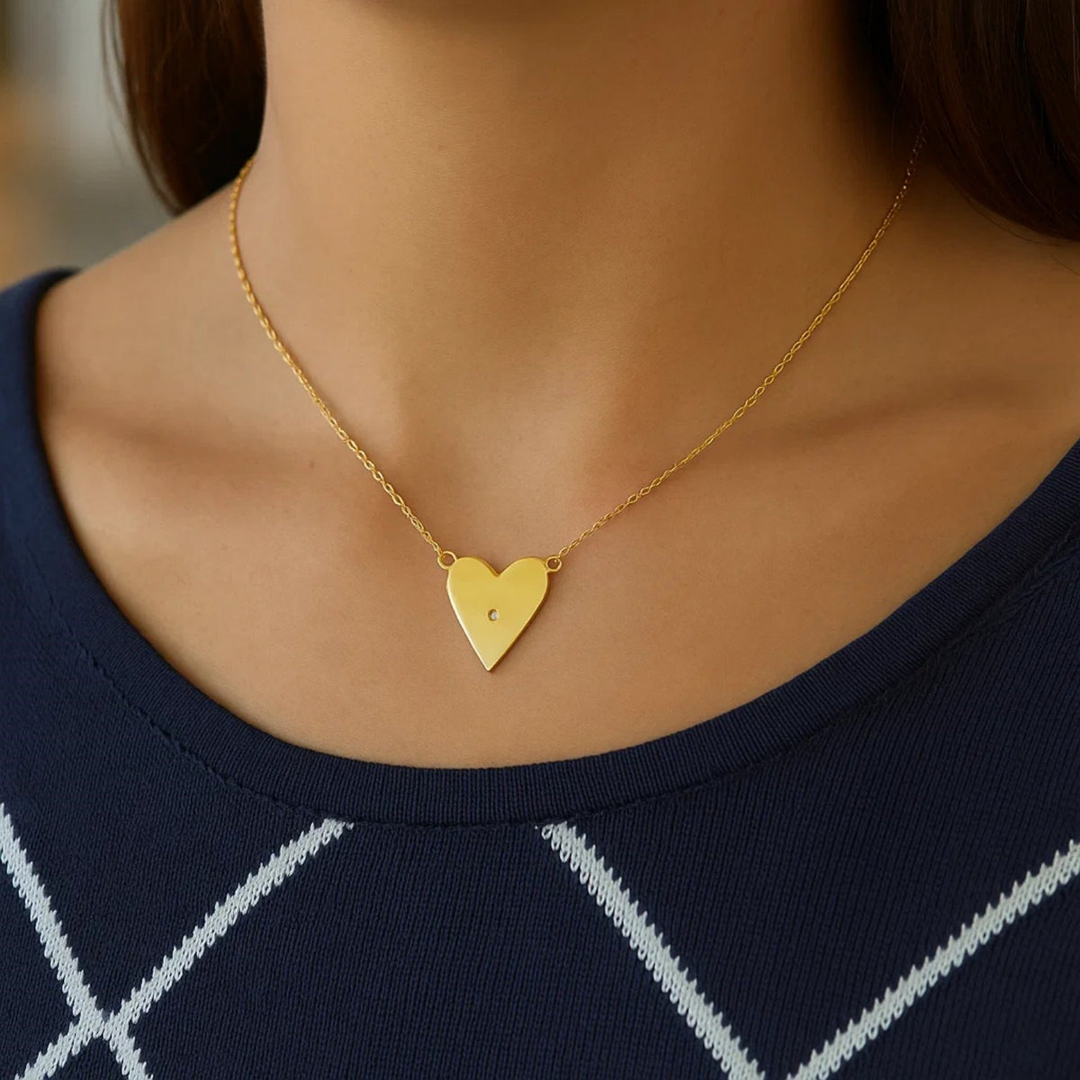14K Yellow Gold High Polish Elongated Heart Necklace, view 3